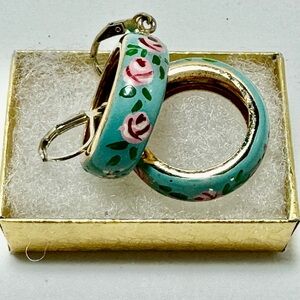 Floral Sterling and Hand enameled Hoop Earrings